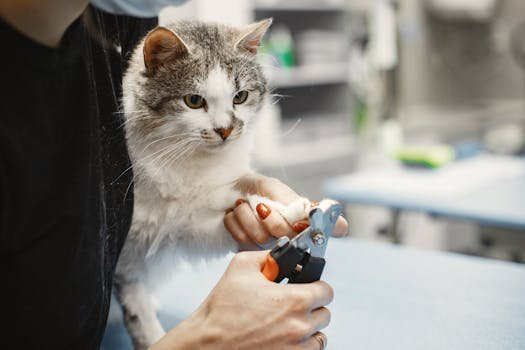 A domestic cat receiving a nail trimming at a professional pet grooming salon indoors.